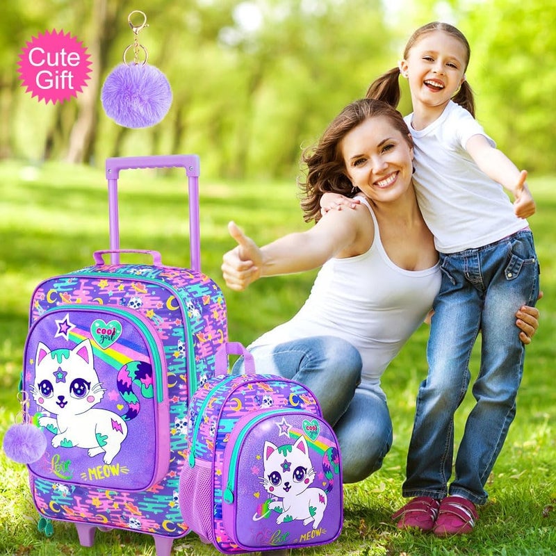 FTJCF Store 2Pcs Kids Suitcase for Girls, 18" Cat Carry on Luggage Set with Wheels, Cute Travel Rolling with 12" Toddler Backpack(Purple) - Image 2